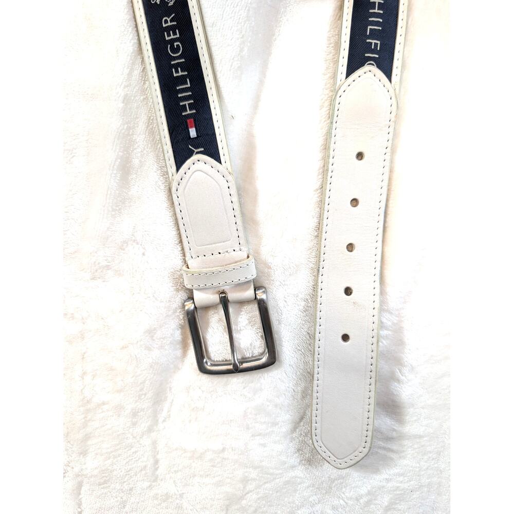 Tommy Hilfiger White Leather Belt Navy Logo Anchor Nautical Men's Size 36